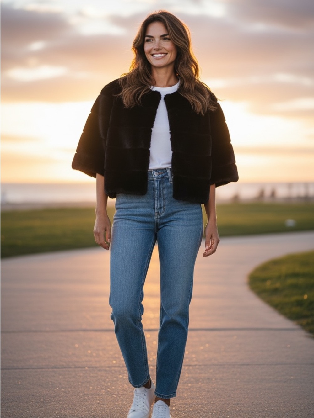 White House Black Market Black Short Faux Fur Boxy Jacket